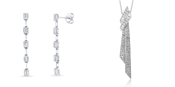 a pair of chandelier earrings and an emerald cut diamond pendant necklace