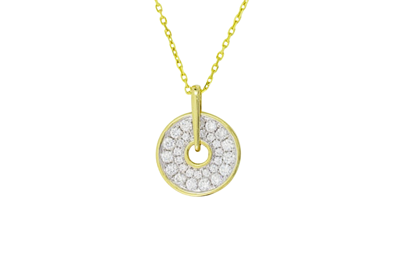 A yellow gold circular diamond pendant necklace.