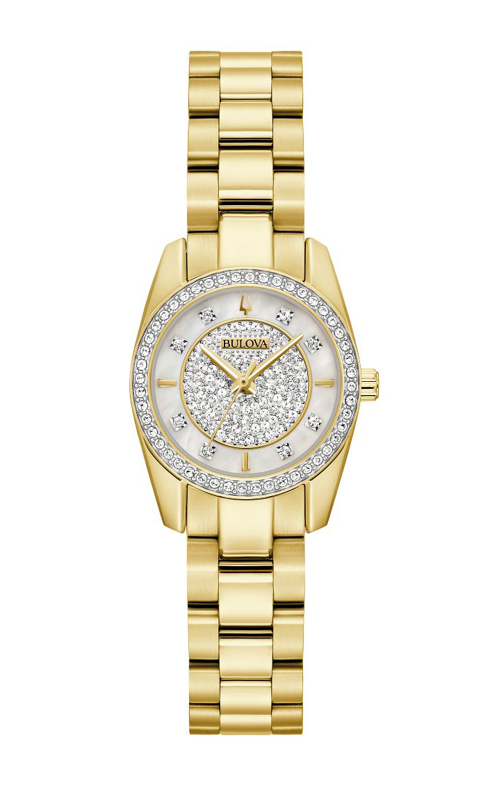 A golden stainless still watch encrusted with diamonds along the case