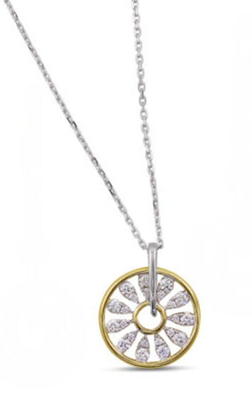 A Yellow gold circle pendant with round diamonds and white gold chain
