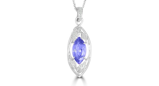 a white gold oval shaped pendant necklace with a marquise cut amethyst