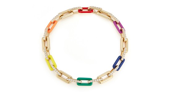 a chain link bracelet featuring some links that are various rainbow colors