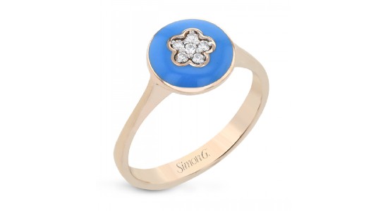 a rose gold fashion ring featuring blue enamel and a flower made of diamonds