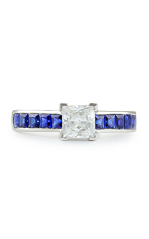 A sidestone blue sapphire engagement ring with center square diamond