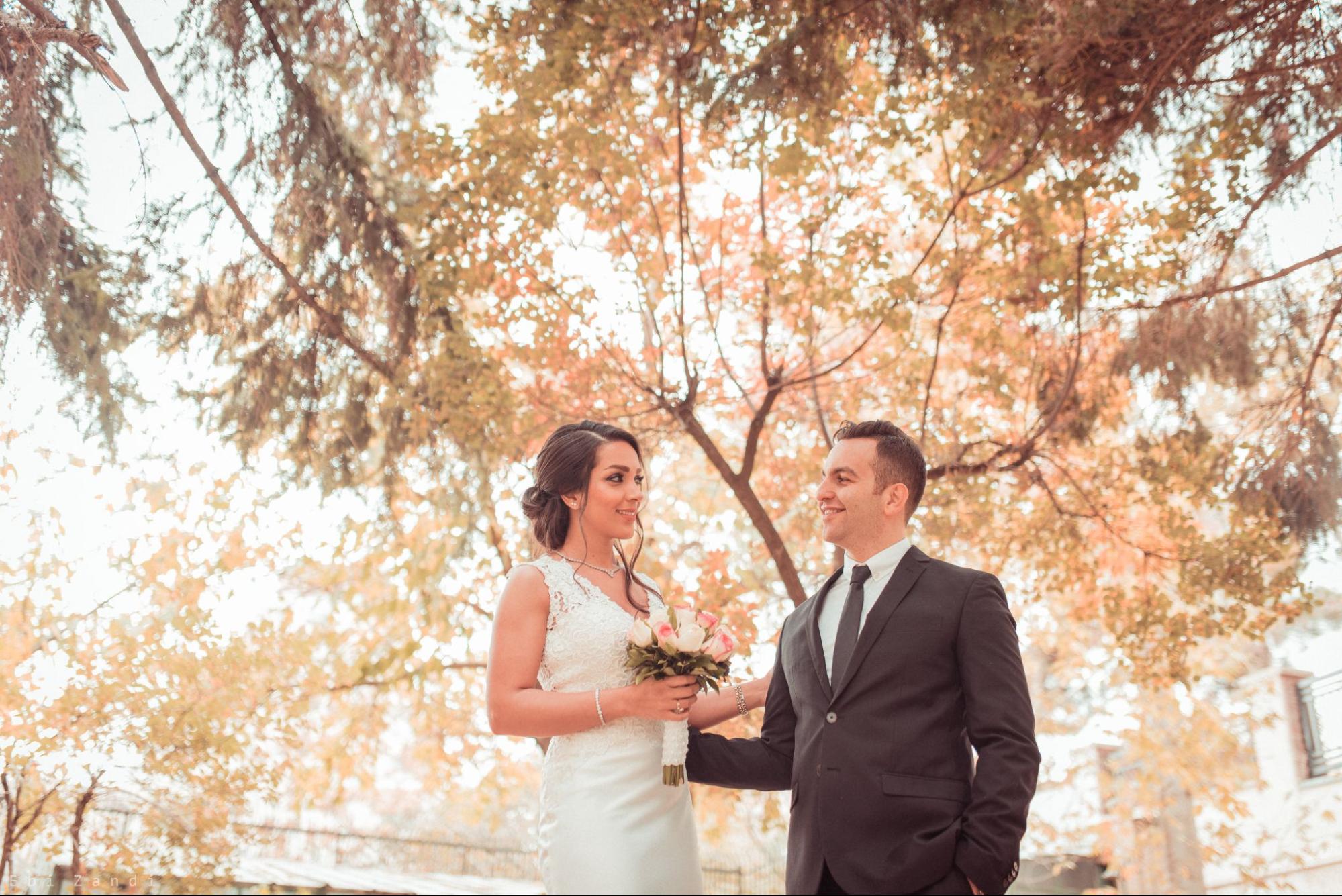 a bride and groom standing under a tree full of orange and brown leaves