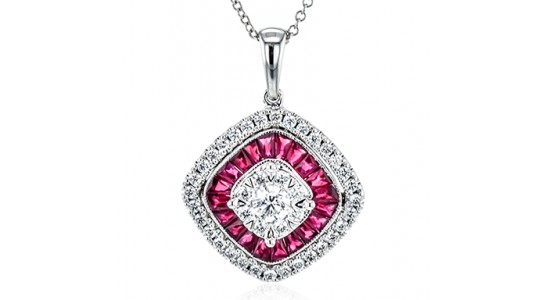 A vintage-inspired Simon G. pendant necklace with diamonds and rubies, available at Michael Agnello Jewelers.