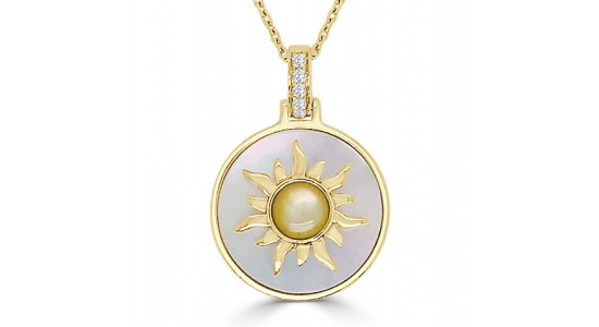 A yellow gold Frederic Sage necklace with a sunshine motif, available at Michael Agnello Jewelers.
