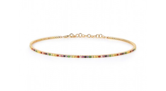 A yellow gold Beny Sofer choker necklace with a rainbow of gemstones, available at Michael Agnello Jewelers.