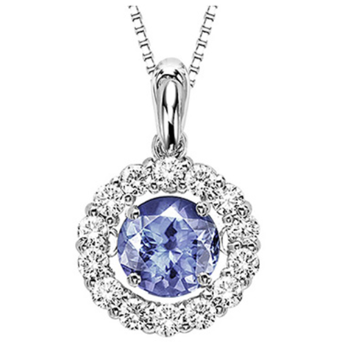 A white gold gemstone necklace with round tanzanite and diamond halo.
