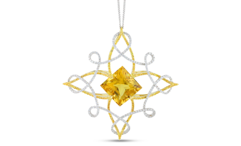 A delicate but eye-catching beryl, gold, and diamond pendant necklace from Frederic Sage, available at Michael Agnello Jewelers.
