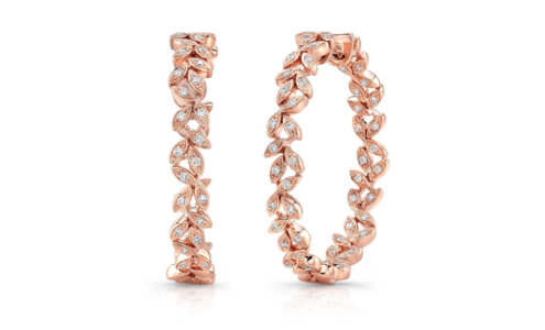 A pair of Uneek rose gold hoop earrings with leafy details, available at Michael Agnello Jewelers.