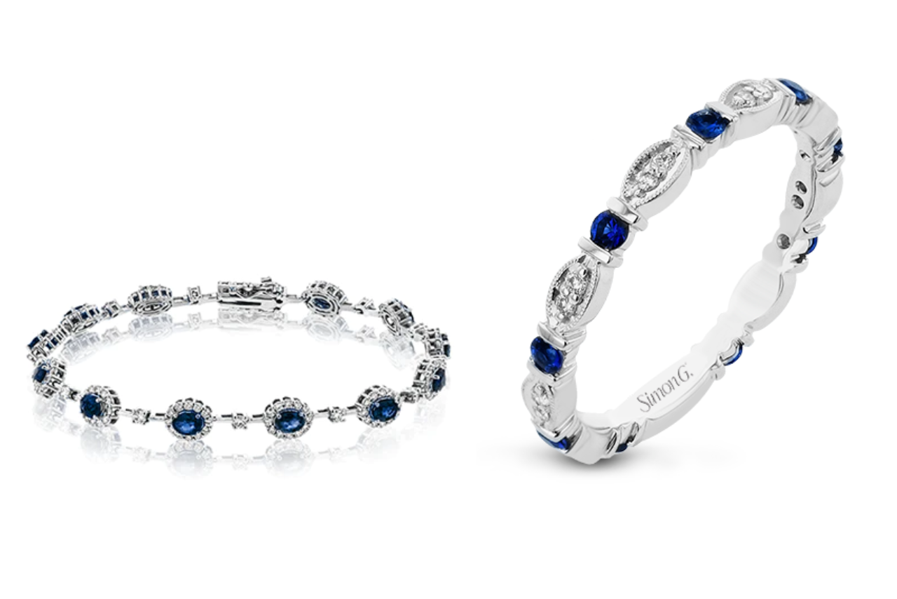A bracelet made up of a combination of white gold sapphire and diamond and a matching ring.