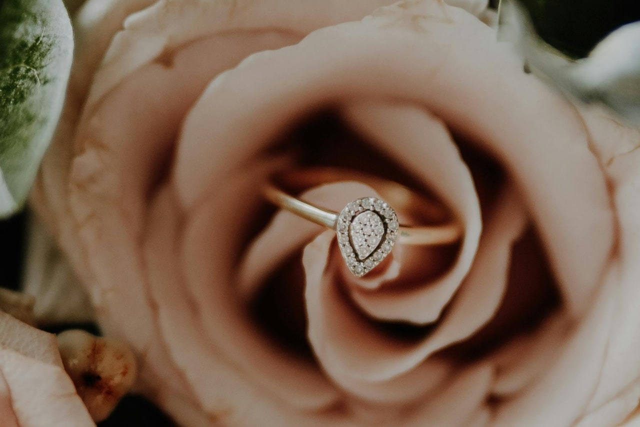 A close-up of a halo engagement ring with a pear shaped center stone displayed in a pale rose.