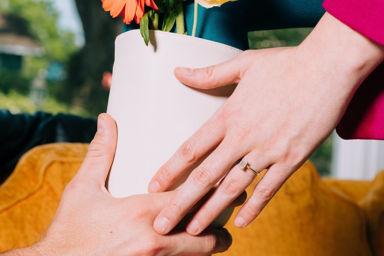 A pair of hands passing a potted plant, one wearing a solitaire engagement ring